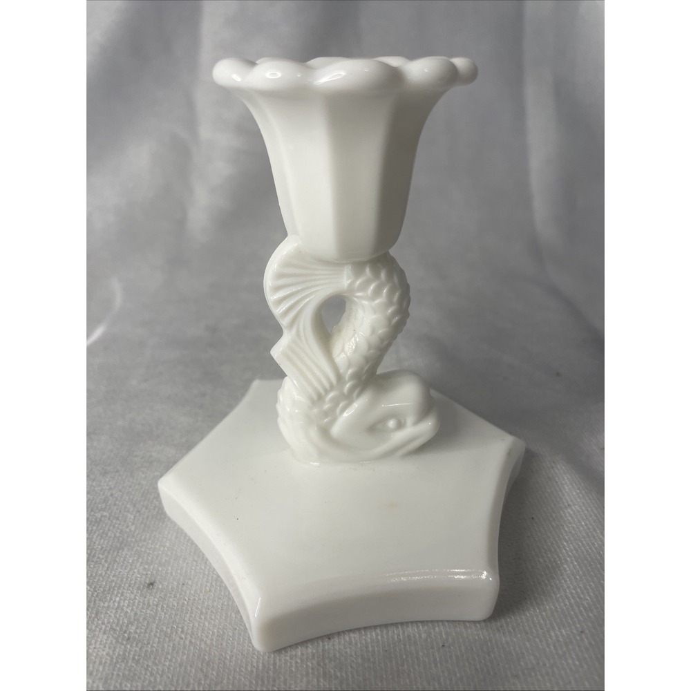Westmoreland Milk Glass Candlestick Koi Fish Dolphin Vintage MINT